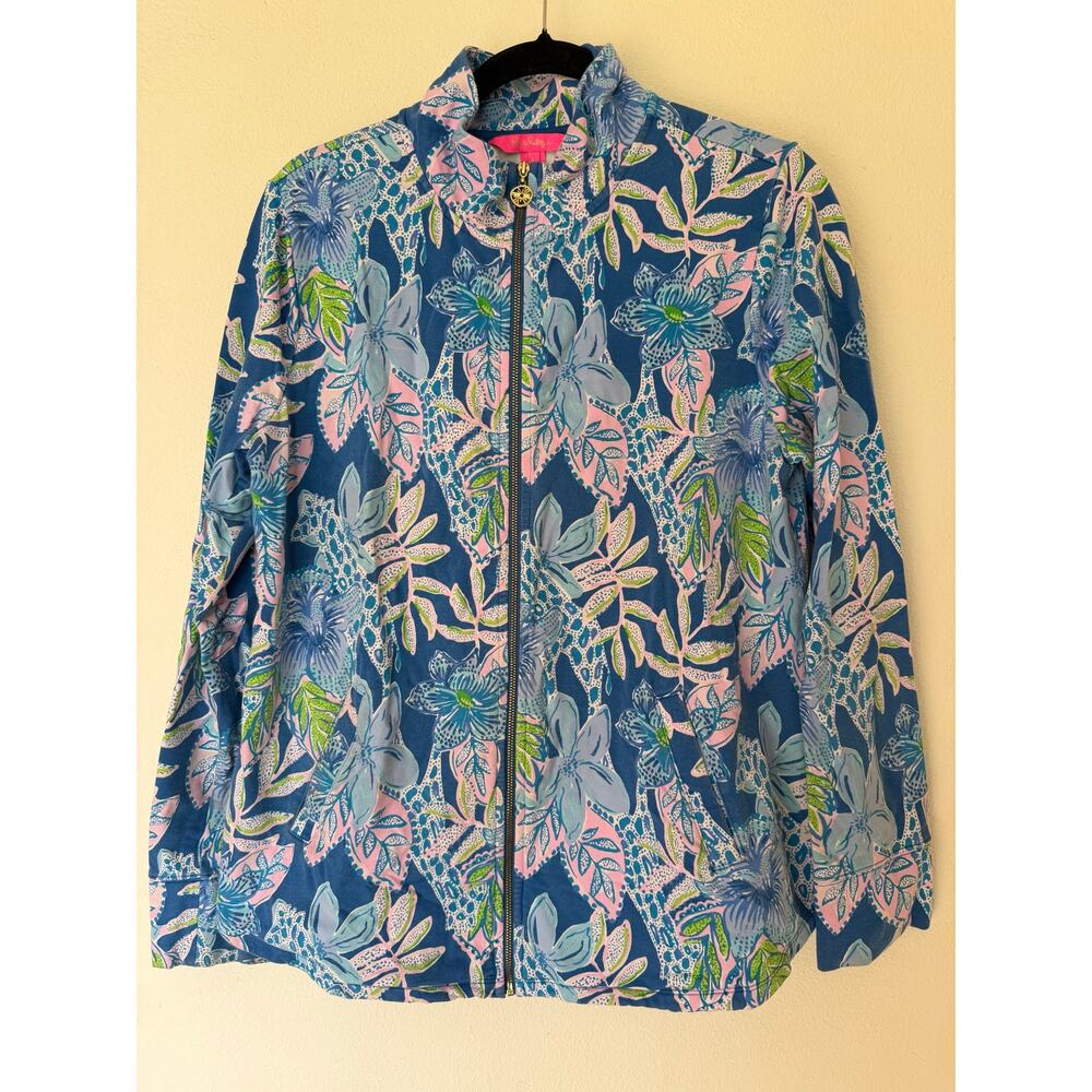 Lilly Pulitzer round hem Leona jacket, Full Zip Macaw blue tell me about it sz L
